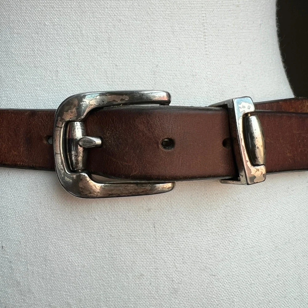 Vintage 1995 Brown Leather Belt Patina Silver Buckle Western Boho Minimalist